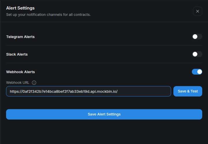Stylus Manager Webhook Alerts configured with the test-only Mockbin endpoint.