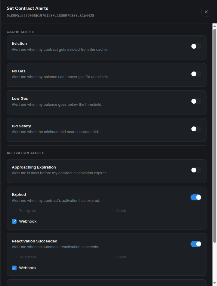 The contract alert panel for the demo address with Expired and Reactivation Succeeded enabled for Webhook.