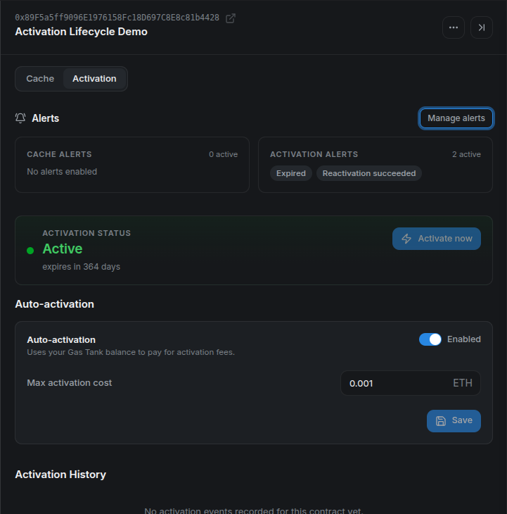 The contract detail for the demo address showing two active activation alerts and enabled auto-activation.