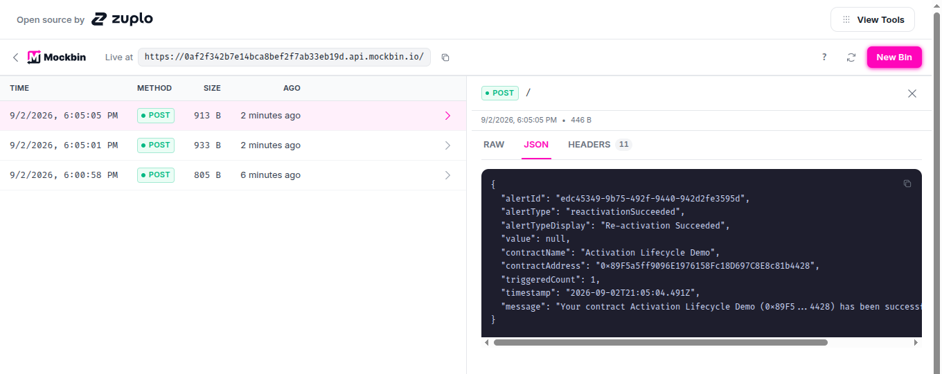 Mockbin displaying the Re-activation Succeeded webhook payload for the same contract address.