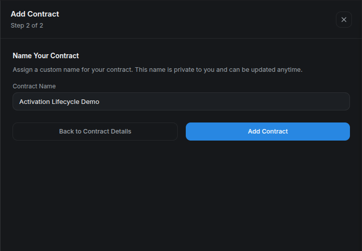 The second Add Contract step names the activated local program Activation Lifecycle Demo.