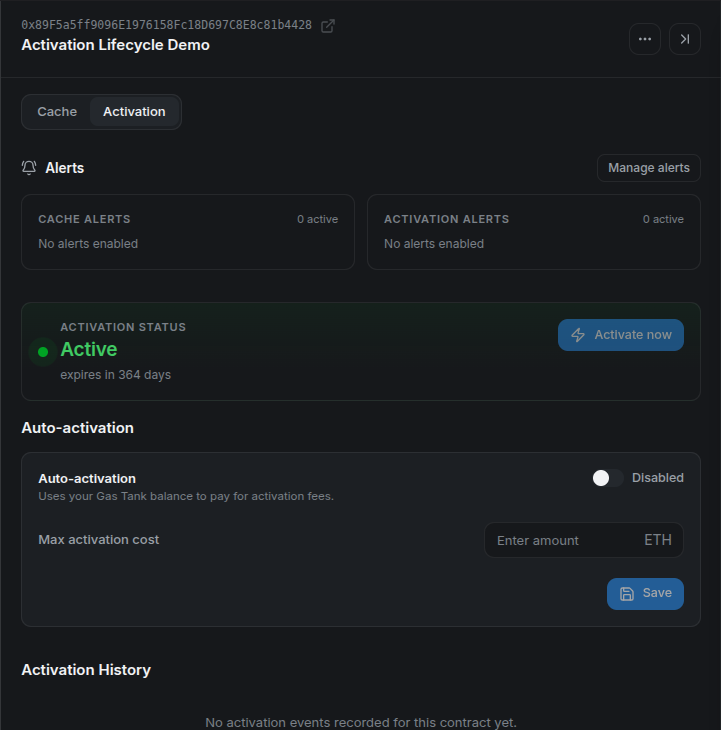Activation tab with active status, remaining lifetime, and separate auto-activation controls.