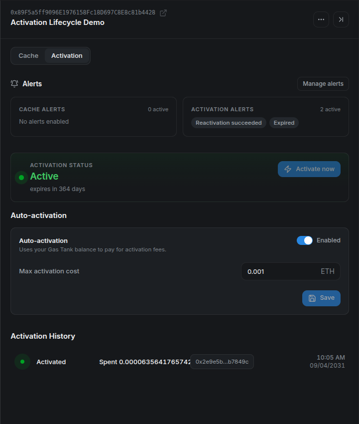 The local demo after automated reactivation, with the automation transaction in Activation History.