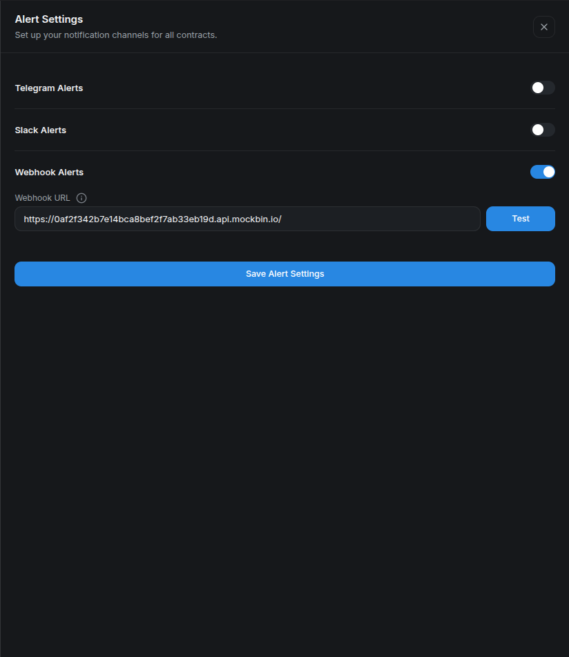 Stylus Manager Webhook Alerts configured with the disposable Mockbin endpoint.