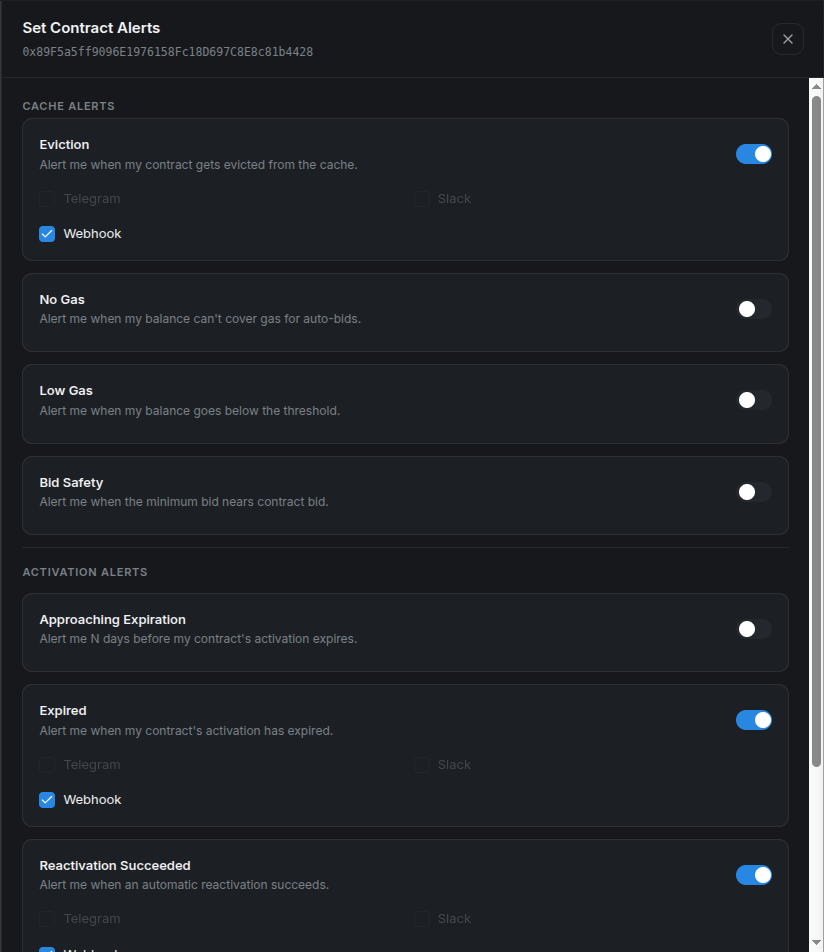 The contract alert panel for the demo address with the Eviction alert enabled for Webhook.