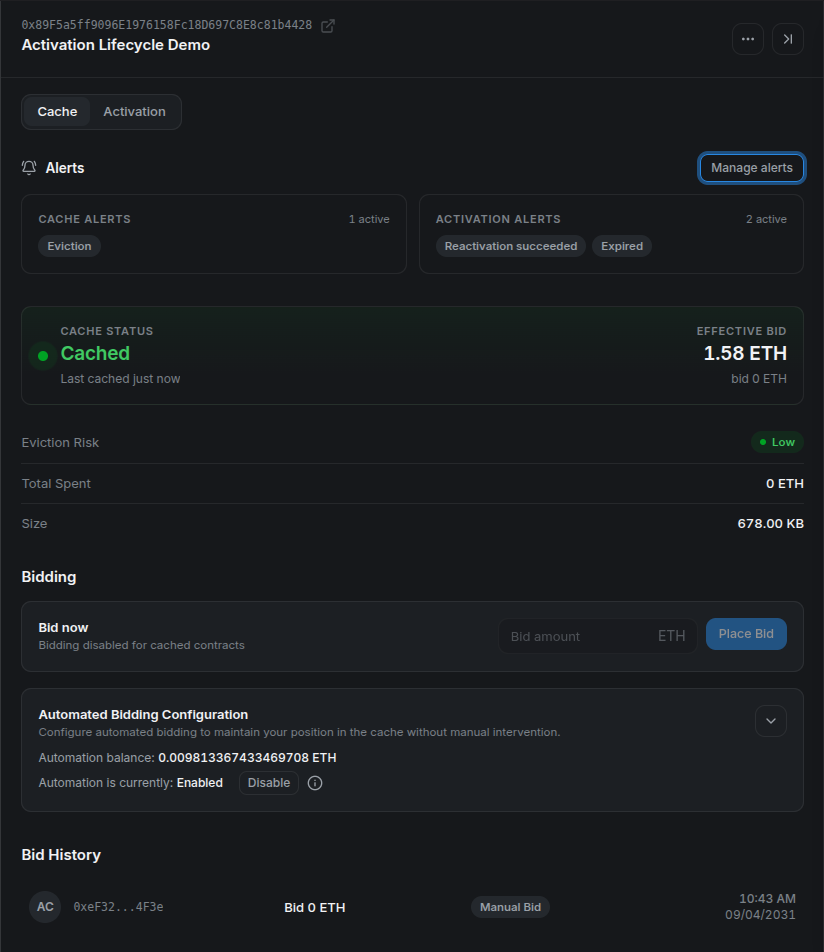 The Cache tab showing one active Eviction alert for the demo address.