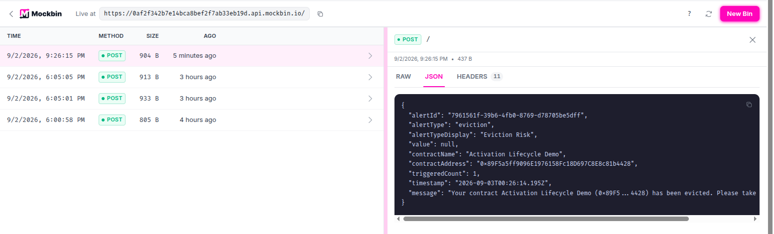 Mockbin displaying the Eviction Risk webhook payload for Activation Lifecycle Demo.