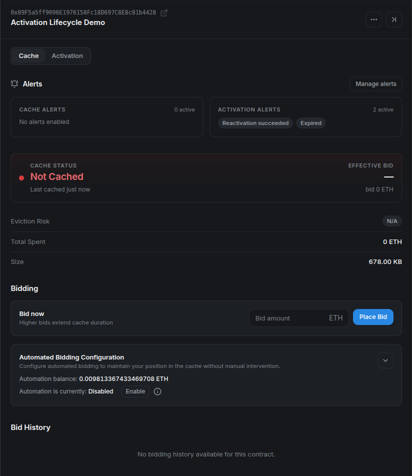 The Cache tab for the demo address before its first bid, showing Not Cached and an empty bid history.