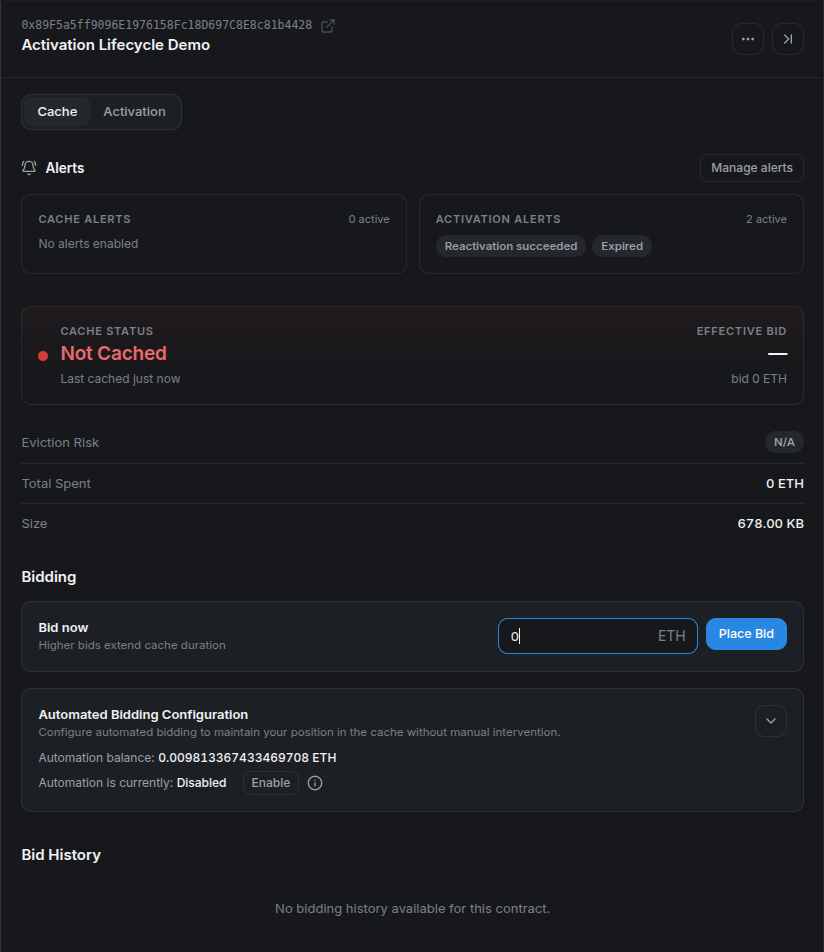 The manual cache bid form with the local devnode's zero-value minimum entered.