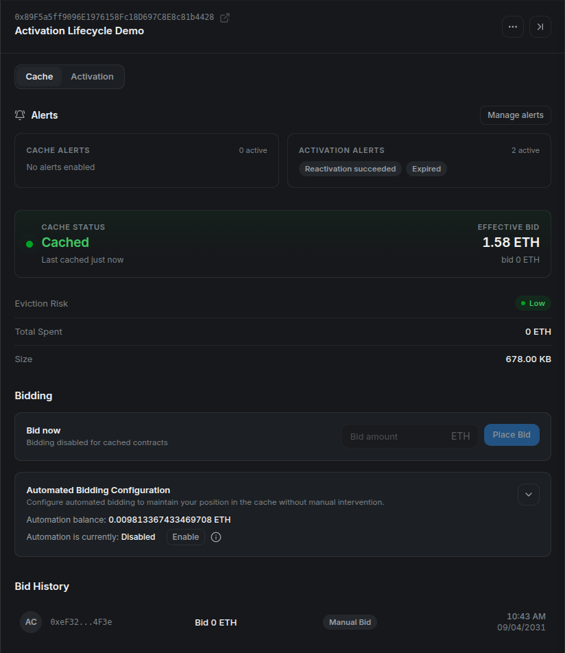 The same demo address cached after confirmation, with a Manual Bid entry in Bid History.