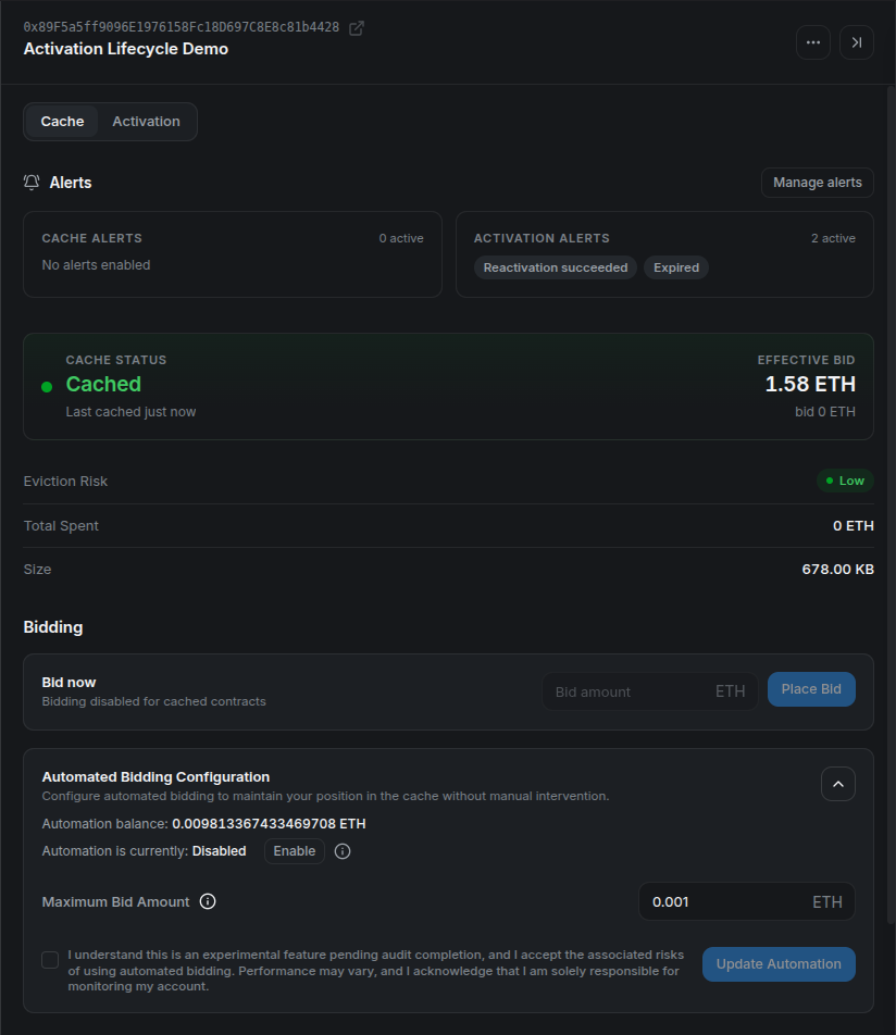 The automated bidding form for the demo address with a maximum bid of 0.001 ETH.