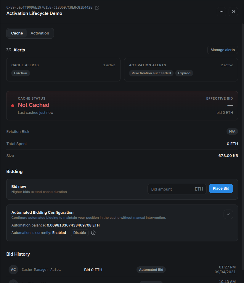 The demo address immediately after a forced local eviction, showing Not Cached while automated bidding remains enabled.