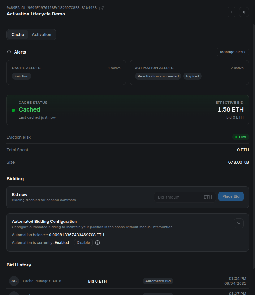 The same demo address re-cached by automation, with a new Automated Bid in Bid History.
